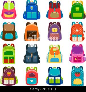 Kinder Schultasche Set isoliert auf weißem Hintergrund. Kinder farbige Cartoon Rucksäcke für Schule Studie Vektor-Illustration Stock Vektor