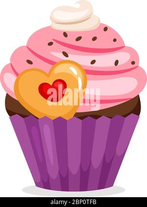 Muffin mit rosa Creme und herzförmiger Plätzchen. Vektor Cupcake Illustration auf weißem Hintergrund Stock Vektor