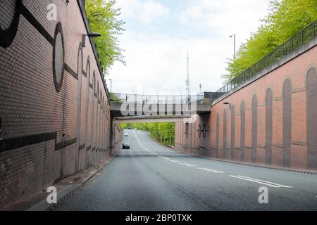 Newcastle/UK - 4. Mai 2020: Blockierung der Autobahn Nordost Byker A193 Stockfoto