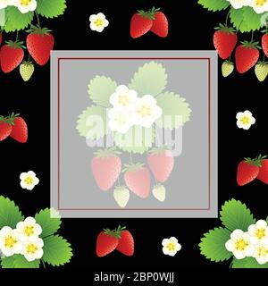 Roter Erdbeer und Blumenbanner auf schwarzem Hintergrund. Vektorgrafik. Stock Vektor