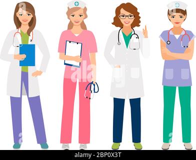 Junge Ärztin und Krankenschwester Zeichen Vektor-Illustration. Lächelnde Krankenhausangestellte, stehende Frauen Porträt isoliert auf weiß Stock Vektor