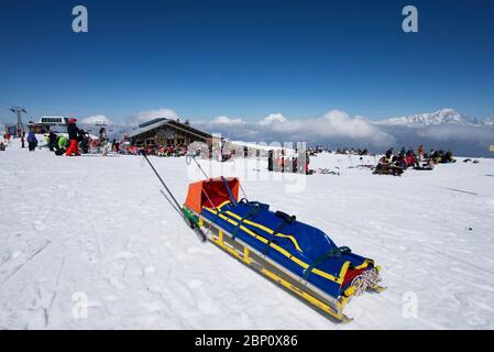 Perfekte Schneeverhältnisse im Skigebiet Belle Plagne in Savoie, Frankreich Stockfoto