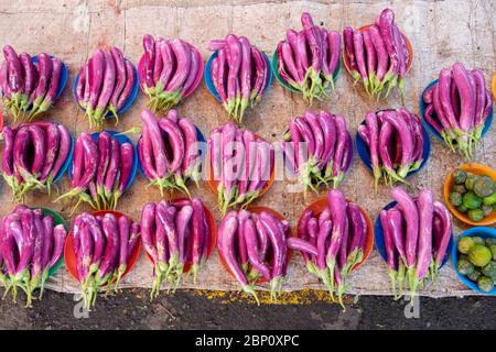 Auberginen auf dem Obst- und Gemüsemarkt, Suva, Viti Levu, Fidschi, Südpazifik. Stockfoto