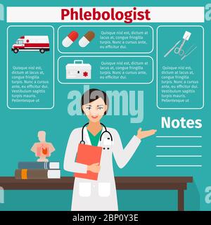 Weiblicher Charakter von Phlebologen und medizinischen Geräten Symbole mit Infografiken Elemente für die medizinische und pharmazeutische Industrie. Vektorgrafik Stock Vektor