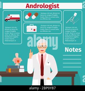 Androloge und medizinische Geräte Icons mit Infografiken Elemente für die Medizin und Pharmaindustrie. Vektorgrafik Stock Vektor
