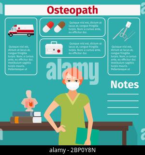 Weiblicher Charakter von Osteopath und medizinischen Geräten Icons mit Infografiken Elemente für die medizinische und pharmazeutische Industrie. Vektorgrafik Stock Vektor