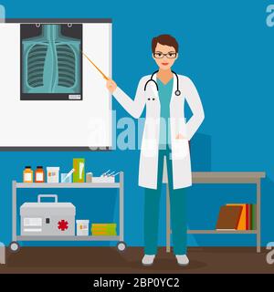 Arzt überprüft Lunge Röntgenfilm im Krankenhaus, Vektor-Illustration Stock Vektor