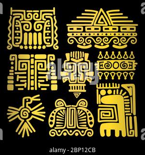 Amerikanische goldene antike Totems auf schwarzem Hintergrund, Vektorgrafik Stock Vektor