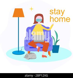 Junge Frau, die zu Hause mit Laptop sitzt in gemütlichen violetten Sessel mit Katze. Heimbüro. Remote-Arbeit. Stock Vektor