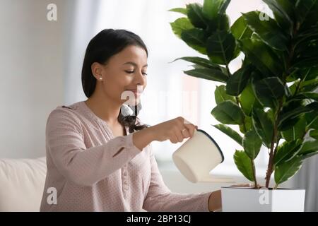 Afrikanische junge Frau hält kann Hauspflanze wässern Stockfoto