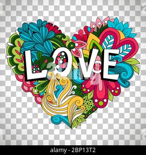 Doodle floral Herz mit Liebe Schriftzug für Valentinstag Karte Vektor isoliert auf transparentem Hintergrund Stock Vektor