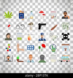 Drogen und sucht flache Symbole isoliert auf transparentem Hintergrund Stock Vektor