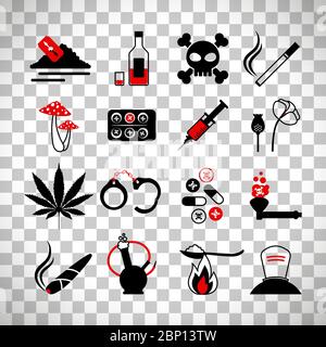 Symbole für Drogen- und Alkoholsucht. Gift und Injektion, Rasierklinge und Marihuana-Pfeife signsisoliert auf transparentem Hintergrund Stock Vektor