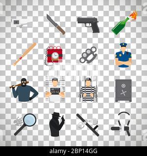 Kriminalität flache Symbole auf transparenten Hintergrund isoliert gesetzt. vektor-Illustration Stock Vektor