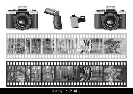 Analogkamera, Blitzlampe, 35-mm-Filmrolle, Schwarzweiß-Negativ und Dia. Collage mit Fotoausrüstung. Retro-Fotografie. Monochromer Clipart von a t Stockfoto