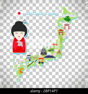 Japan Reisekarte isoliert auf transparentem Hintergrund, Vektorgrafik Stock Vektor