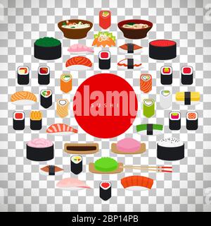 Japanisches Sushi-Poster, Set aus Sushi-Elementen isoliert auf transparentem Hintergrund. Vektorilustration Stock Vektor