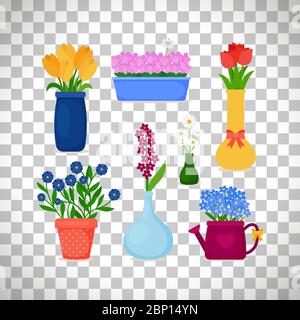 Frühlingsblumen in Töpfen und Blume in Vase auf transparentem Hintergrund isoliert gesetzt. Vektorgrafik Stock Vektor