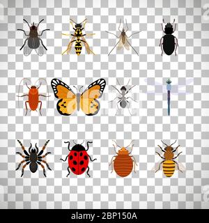 Insekten-Icons auf transparentem Hintergrund isoliert gesetzt, Vektor-Illustration Stock Vektor