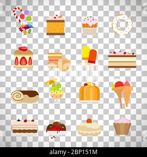 Süßigkeiten und Süßigkeiten flache Symbole isoliert auf transparentem Hintergrund. Vektorgrafik Stock Vektor