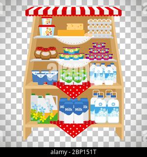 Milch und Joghurt, Käse und Sahne auf Vitrinen Regale isoliert auf transparentem Hintergrund. Vektorgrafik Stock Vektor