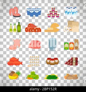 Supermarkt Lebensmittel flache Symbole isoliert auf transparentem Hintergrund. Vektorgrafik Stock Vektor