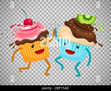 Cartoon Muffins für immer Freunde. Cupcakes klatschen Hände Vektor-Illustration isoliert auf transparentem Hintergrund Stock Vektor