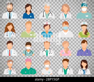 Professionelle Arzt Avatare isoliert auf transparentem Hintergrund. Medizin-Profis und medizinisches Personal Menschen Symbole Vektor-Illustration Stock Vektor