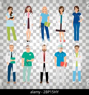 Medizinische Mitarbeiter im Gesundheitswesen isoliert auf transparentem Hintergrund. Lächelnde Ärzte und Krankenschwestern in Uniform für Projekte im Gesundheitswesen. Vektorgrafik Stock Vektor