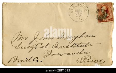Wyalusing, Pennsylvania, USA - 12. September 1887: US-historischer Umschlag: Umschlag mit rotbrauner Briefmarke, zwei Cent George Washington Stockfoto