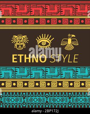 Ethno-Stil Vektor-Banner mit Tribal-Boders und Symbole Stock Vektor