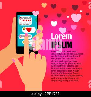 Frau Hand Handy mit Liebe Chat Kommunikation. Vektorgrafik Stock Vektor