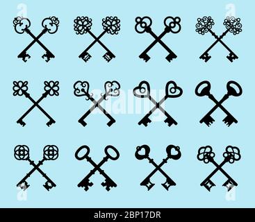 Alter Schlüsselsatz isoliert auf blauem Hintergrund. Vector Vintage schwarz gekreuzte Schlüssel für sicheres Logo oder Türschilder Stock Vektor