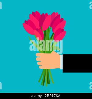 Arm halten Vektor bunten Bouquet für Frau. Rosa Tulpe Blumen präsentieren oder Überraschung in Mann Hand Vektor Illustration Stock Vektor