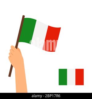 Menschliche Hand hält Flagge von Italien Land isoliert auf weißem Hintergrund. Vektorgrafik Stock Vektor