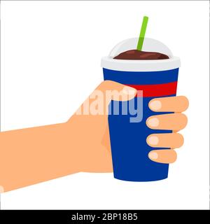 Ungesunde Lebensmittel. Vektor-Illustration, Hand hält Plastikbecher mit Cola Stock Vektor