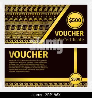 Gutschein-Zertifikat goldene Vorlage. Gold Tribal Muster auf dem schwarzen Hintergrund für Business-Design Stock Vektor