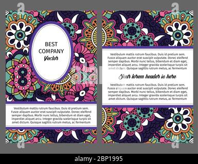 Brouchure Design Vorlage für Unternehmen mit Blumen und Blättern in violetten und rosa hellen Farben, Vektor-Illustration Stock Vektor