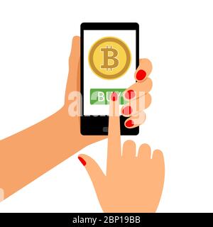 Business woman holding Smartphone mit Bitcoin, Vector Illustration Stock Vektor