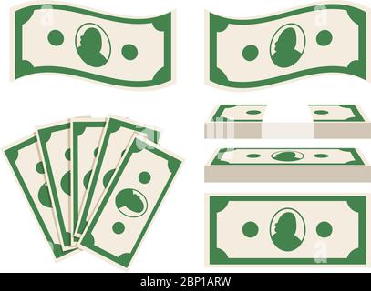Grüne Banknoten auf weißem Hintergrund. Vektorsymbole für Papiergeld Stock Vektor