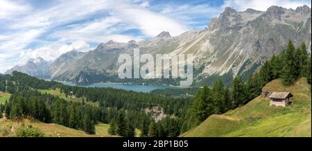 Engadin, Schweiz: Panoramablick auf den Sils und das Tal Stockfoto