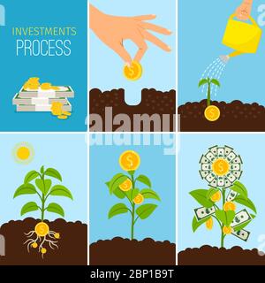 Investitionsprozess und Konzept für das Wachstum des Finanzgeschäfts. Wachsender Geldbaum Stock Vektor