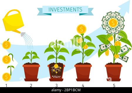 Investitionen Prozess Konzept Vektor Illusatration mit Geldbaum wächst Stock Vektor