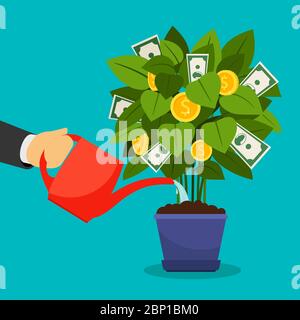 Wachsende Geldbaum Vektor-Illustration. Geschäftsmann Hand Bewässerung Geldbaum Stock Vektor