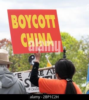 Swanpscott, Massachusetts, USA. Mai 2020. 16. Mai 2020, Swanpscott, Massachusetts, USA: Eine Frau hält ein Schild "Boykott China" bei einer Protestierenden gegen die Beschränkungen, die als Reaktion auf den Ausbruch der Coronavirus-Krankheit (COVID-19) eingeführt wurden, versammeln sich in der Nähe des Massachusetts Gouverneurs Charlie Bakers Haus in Swampscott. Kredit: Aflo Co. Ltd./Alamy Live News Stockfoto
