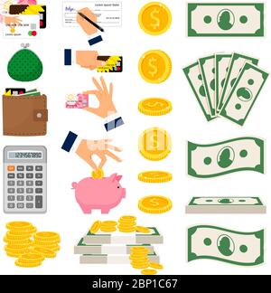 Große Menge an Bargeld und Münzgeld. Hände, die Geld in Sparschwein Geldbox, mit Kreditkarte. Taschenrechner-Geldbörse und Kreditkarten-Vektor-Symbole auf weißem Hintergrund Stock Vektor