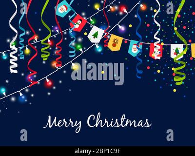 Weihnachtsgirlande mit Serpentine und bunten Lichtern auf blauem Hintergrund. Bunting Girlanden und Bänder Spaß Elemente Vektor-Illustration Stock Vektor