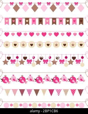 Rosa Farben hüpfende Fahnen und Herzen und Vögel dekorative Elemente auf weißem Hintergrund. Vektorgrafik Stock Vektor