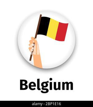 Belgien Flagge in der Hand, runde Ikone mit Schatten isoliert auf weiß. Menschliche Hand halten Flagge, Vektor-Illustration Stock Vektor