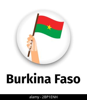 Burkina Faso Flagge in der Hand, runde Ikone mit Schatten isoliert auf weiß. Menschliche Hand halten Flagge, Vektor-Illustration Stock Vektor